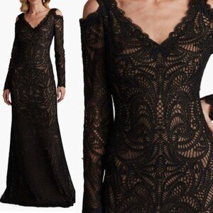 NWT Tadashi Shoji Cold Shoulder Long Sleeve Lace Gown Dress Black Size 2